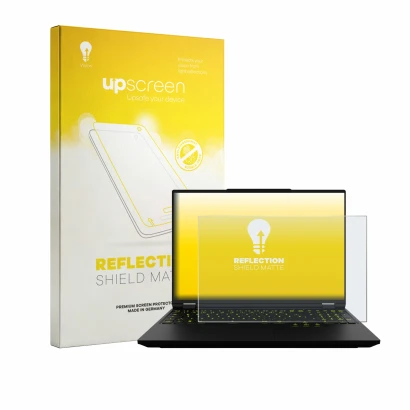 Face avant d’un emballage produit avec le logo de la marque upscreen. À côté, l’appareil XMG Neo 16 est représenté avec la pro