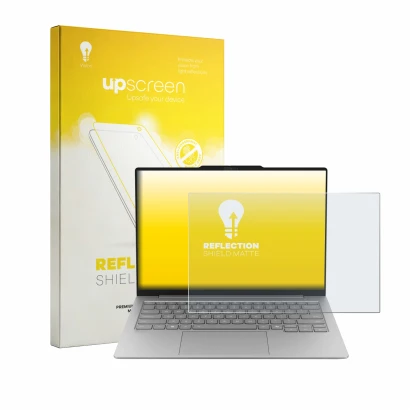 Face avant d’un emballage produit avec le logo de la marque upscreen. À côté, l’appareil Lenovo ThinkBook 14X est représenté a