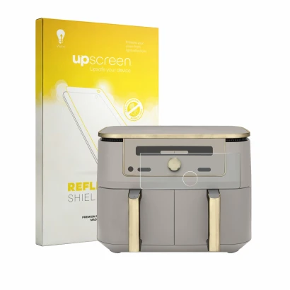 Face avant d’un emballage produit avec le logo de la marque upscreen. À côté, l’appareil Ninja Max 6-in-1 AirFryer DZ400EU est