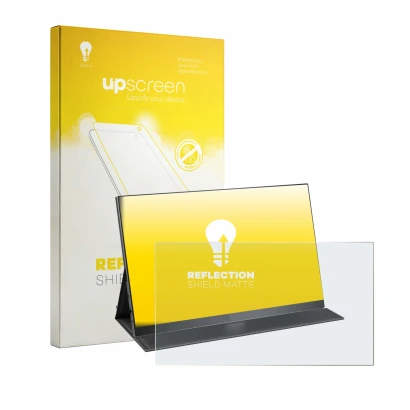 Face avant d’un emballage produit avec le logo de la marque upscreen. À côté, l’appareil Yodoit PTM17 17.3" est représenté ave