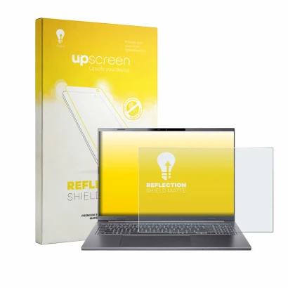 Face avant d’un emballage produit avec le logo de la marque upscreen. À côté, l’appareil Acer Aspire 16 AI A16-61 est représen