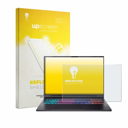 Face avant d’un emballage produit avec le logo de la marque upscreen. À côté, l’appareil Acer Nitro 18 AI AN18-61 est représen