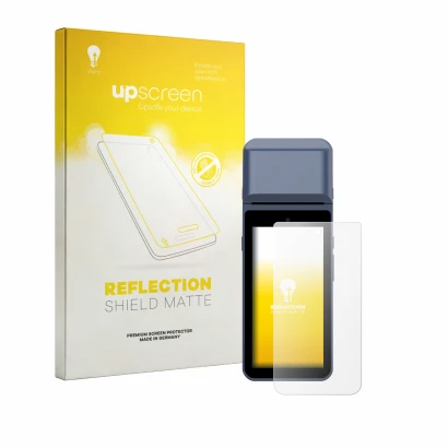 Face avant d’un emballage produit avec le logo de la marque upscreen. À côté, l’appareil Pax M9200 est représenté avec la prot