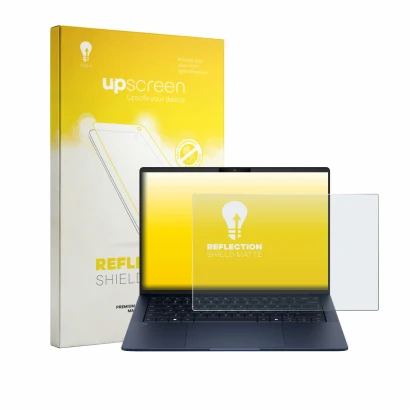 Face avant d’un emballage produit avec le logo de la marque upscreen. À côté, l’appareil HP EliteBook X G2q 14 est représenté