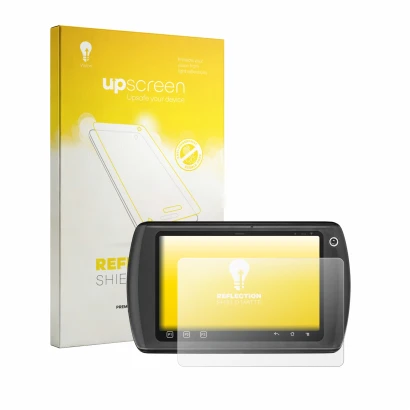 Face avant d’un emballage produit avec le logo de la marque upscreen. À côté, l’appareil Zebra ET1 est représenté avec la prot