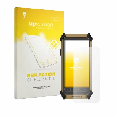 Face avant d’un emballage produit avec le logo de la marque upscreen. À côté, l’appareil DT Research DT361DM (portrait) est re