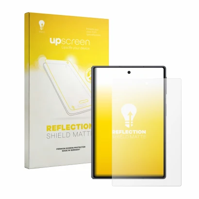 Face avant d’un emballage produit avec le logo de la marque upscreen. À côté, l’appareil Samsung Galaxy Z Fold 8 est représent