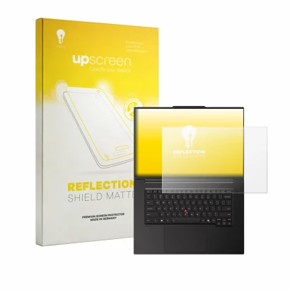 Face avant d’un emballage produit avec le logo de la marque upscreen. À côté, l’appareil Lenovo ThinkPad P1 Gen 9 16" est repr