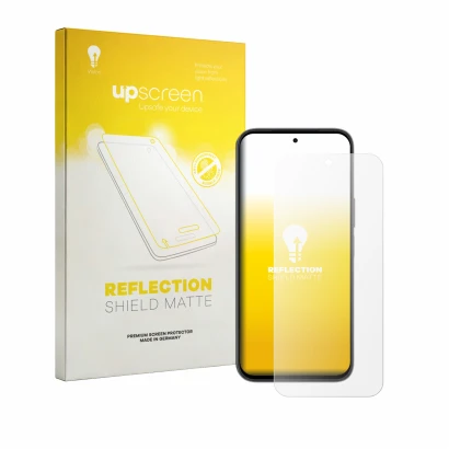 Face avant d’un emballage produit avec le logo de la marque upscreen. À côté, l’appareil Honor X6e est représenté avec la prot
