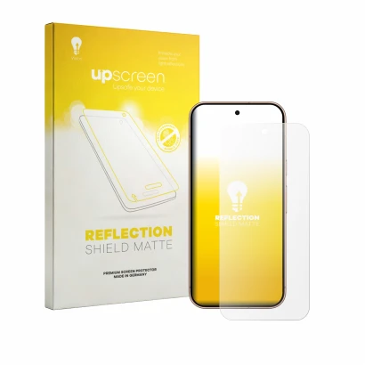 Face avant d’un emballage produit avec le logo de la marque upscreen. À côté, l’appareil Google Pixel 11 Pro est représenté av