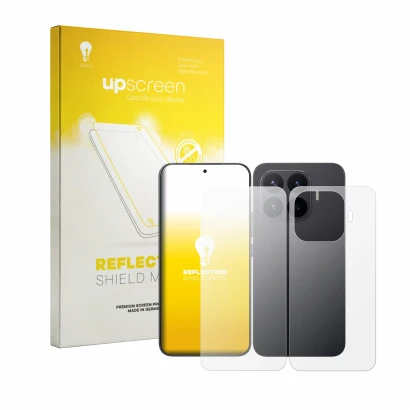 Face avant d’un emballage produit avec le logo de la marque upscreen. À côté, l’appareil Xiaomi 17T Pro (Avant+Arrière) est re