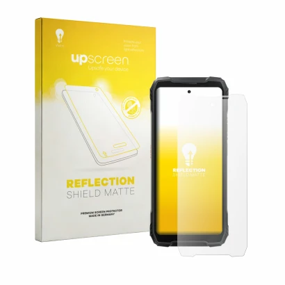 Face avant d’un emballage produit avec le logo de la marque upscreen. À côté, l’appareil Blackview Xplore X1 est représenté av