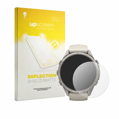 Face avant d’un emballage produit avec le logo de la marque upscreen. À côté, l’appareil Garmin Fenix 9 Pro (43 mm) est représ