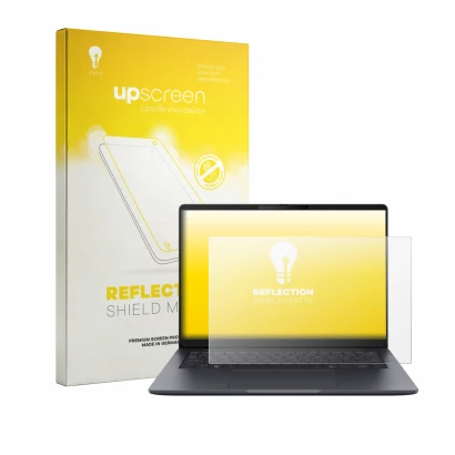Face avant d’un emballage produit avec le logo de la marque upscreen. À côté, l’appareil ASUS ExpertBook B3 Gen 2 B3405 est re