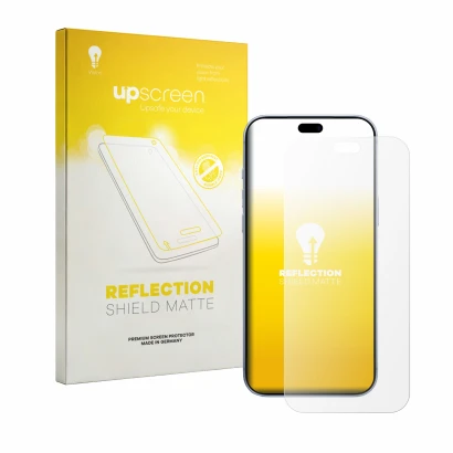 Face avant d’un emballage produit avec le logo de la marque upscreen. À côté, l’appareil Apple iPhone 18 Pro Max est représent