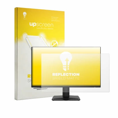 Face avant d’un emballage produit avec le logo de la marque upscreen. À côté, l’appareil MSI PRO MP243 est représenté avec la