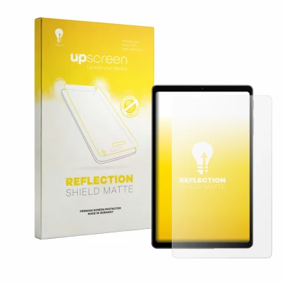 Face avant d’un emballage produit avec le logo de la marque upscreen. À côté, l’appareil Alldocube iPlay 80 mini Turbo est rep