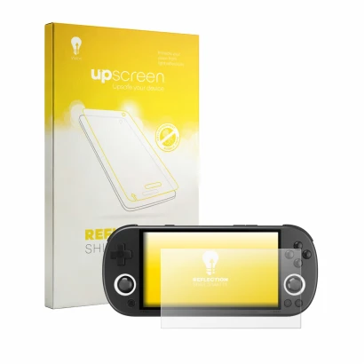 Face avant d’un emballage produit avec le logo de la marque upscreen. À côté, l’appareil Trimui Smart Pro est représenté avec