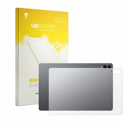 Face avant d’un emballage produit avec le logo de la marque upscreen. À côté, l’appareil Samsung Galaxy Tab S12 Ultra (Arrière