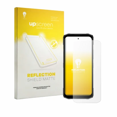 Face avant d’un emballage produit avec le logo de la marque upscreen. À côté, l’appareil Doogee Blade 20 Plus est représenté a