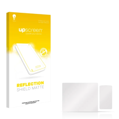 Face avant d’un emballage produit avec le logo de la marque upscreen. À côté se trouve la protection d’écran correspondante.