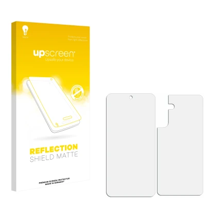 Face avant d’un emballage produit avec le logo de la marque upscreen. À côté se trouve la protection d’écran correspondante.