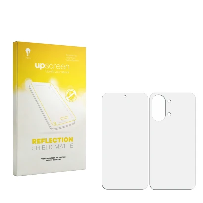 Face avant d’un emballage produit avec le logo de la marque upscreen. À côté se trouve la protection d’écran correspondante.