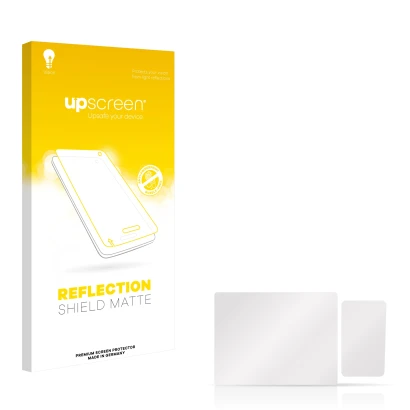 Face avant d’un emballage produit avec le logo de la marque upscreen. À côté se trouve la protection d’écran correspondante.