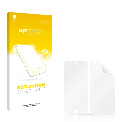 Face avant d’un emballage produit avec le logo de la marque upscreen. À côté se trouve la protection d’écran correspondante.