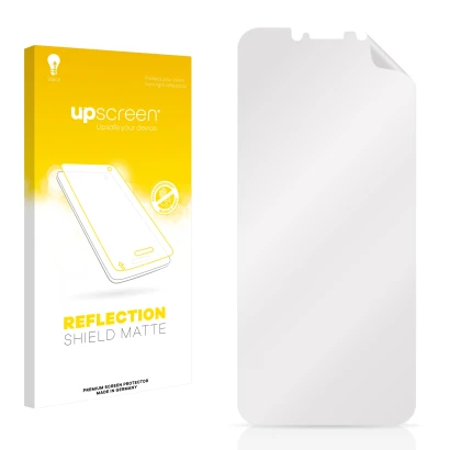 Face avant d’un emballage produit avec le logo de la marque upscreen. À côté se trouve la protection d’écran correspondante.