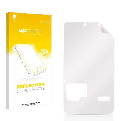 Face avant d’un emballage produit avec le logo de la marque upscreen. À côté se trouve la protection d’écran correspondante.