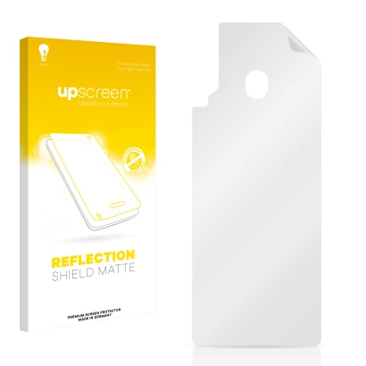 Face avant d’un emballage produit avec le logo de la marque upscreen. À côté se trouve la protection d’écran correspondante.