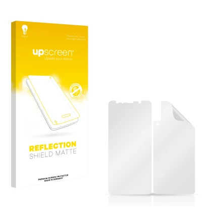 Face avant d’un emballage produit avec le logo de la marque upscreen. À côté se trouve la protection d’écran correspondante.