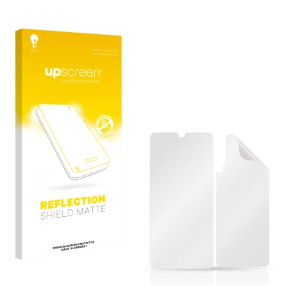 Face avant d’un emballage produit avec le logo de la marque upscreen. À côté se trouve la protection d’écran correspondante.