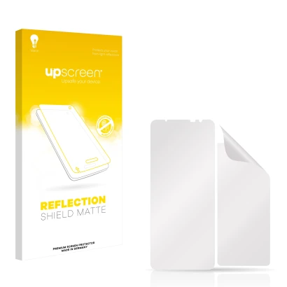 Face avant d’un emballage produit avec le logo de la marque upscreen. À côté se trouve la protection d’écran correspondante.