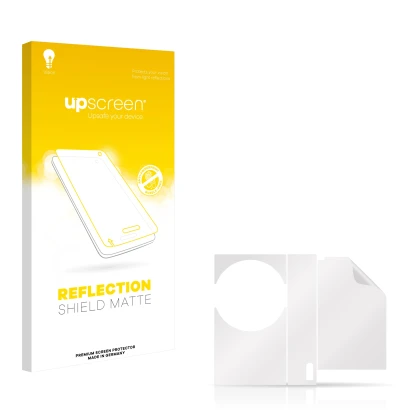 Face avant d’un emballage produit avec le logo de la marque upscreen. À côté se trouve la protection d’écran correspondante.