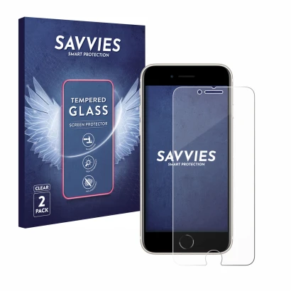 Face avant d’un emballage produit avec le logo de la marque Savvies. À côté, l’appareil Apple iPhone SE 3 2022 est représenté 
