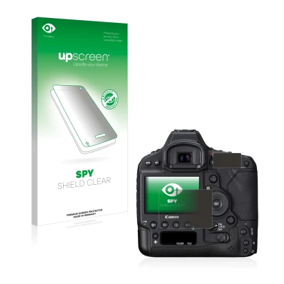 Face avant d’un emballage produit avec le logo de la marque upscreen. À côté, l’appareil Canon EOS 1Ds Mark II est représenté 