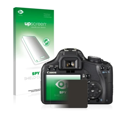 Face avant d’un emballage produit avec le logo de la marque upscreen. À côté, l’appareil Canon EOS 500D est représenté avec la