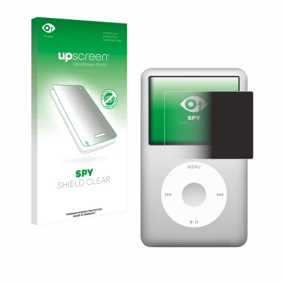 Face avant d’un emballage produit avec le logo de la marque upscreen. À côté, l’appareil Apple iPod classic 160 GB (7ème Gen.)