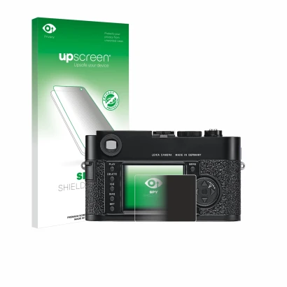 Face avant d’un emballage produit avec le logo de la marque upscreen. À côté, l’appareil Leica M9 est représenté avec la prote
