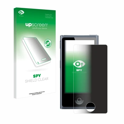 Face avant d’un emballage produit avec le logo de la marque upscreen. À côté, l’appareil Apple iPod nano 2012 (7ème Gen.) est