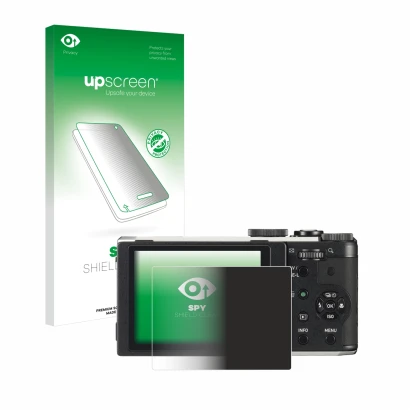 Face avant d’un emballage produit avec le logo de la marque upscreen. À côté, l’appareil Pentax MX-1 est représenté avec la pr