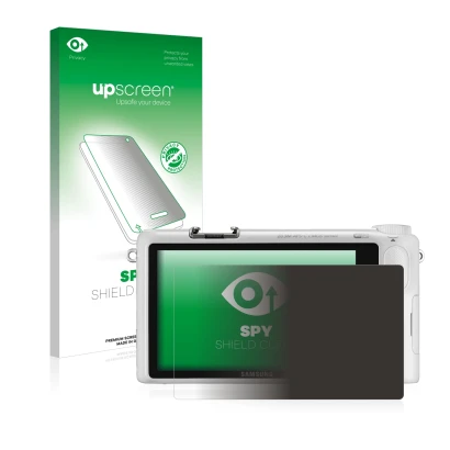 Face avant d’un emballage produit avec le logo de la marque upscreen. À côté, l’appareil Samsung NX2000 est représenté avec la