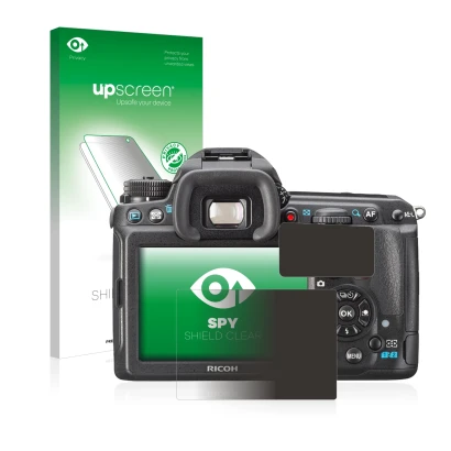 Face avant d’un emballage produit avec le logo de la marque upscreen. À côté, l’appareil Pentax K3, K-3 est représenté avec la