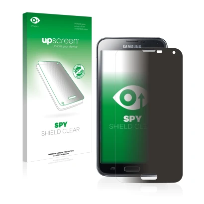 Face avant d’un emballage produit avec le logo de la marque upscreen. À côté, l’appareil Samsung Galaxy S5 est représenté avec