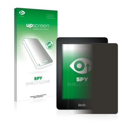 Face avant d’un emballage produit avec le logo de la marque upscreen. À côté, l’appareil Amazon Kindle Voyage est représenté a
