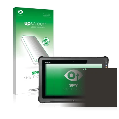 Face avant d’un emballage produit avec le logo de la marque upscreen. À côté, l’appareil Getac F110 G5 est représenté avec la 