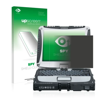 Face avant d’un emballage produit avec le logo de la marque upscreen. À côté, l’appareil Panasonic Toughbook CF-19 est représe