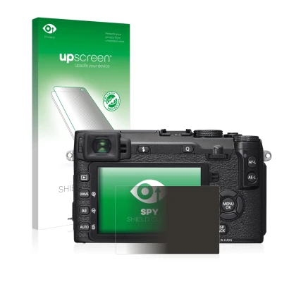Face avant d’un emballage produit avec le logo de la marque upscreen. À côté, l’appareil Fujifilm X-E2S est représenté avec la